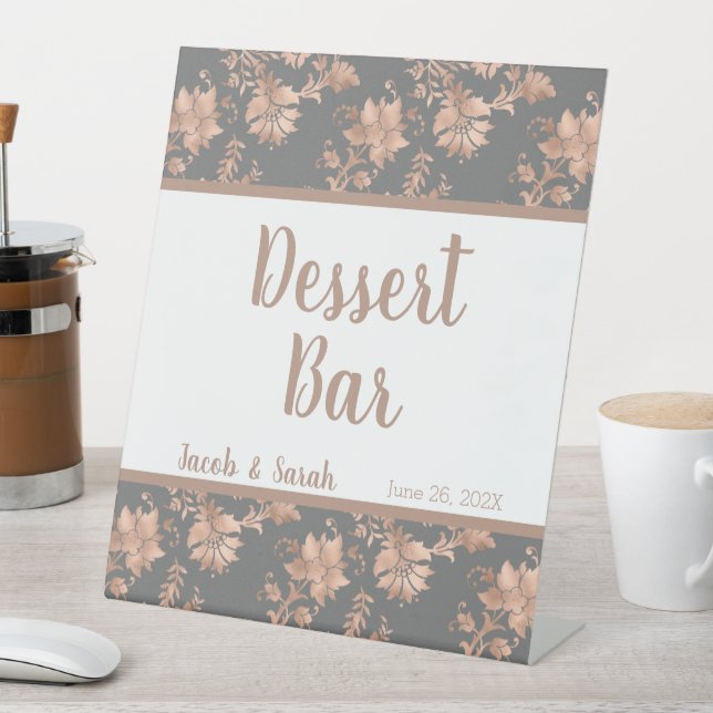 Rose Gold Floral on Grey Dessert Bar Pedestal Sign (In SItu)