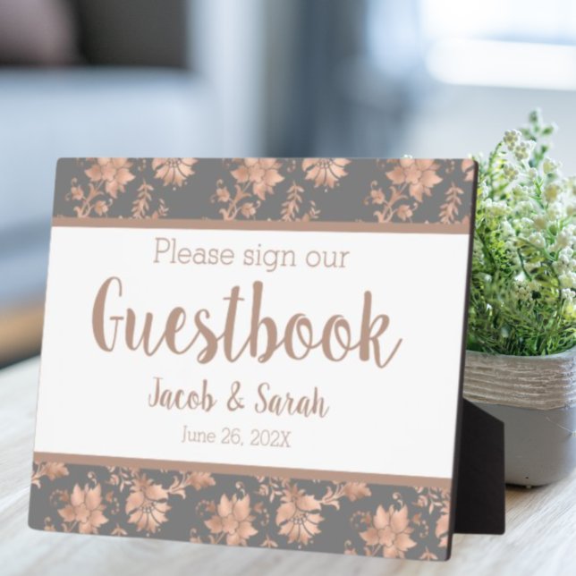Rose Gold Floral on Grey Guestbook Table Plaque (Creator Uploaded)