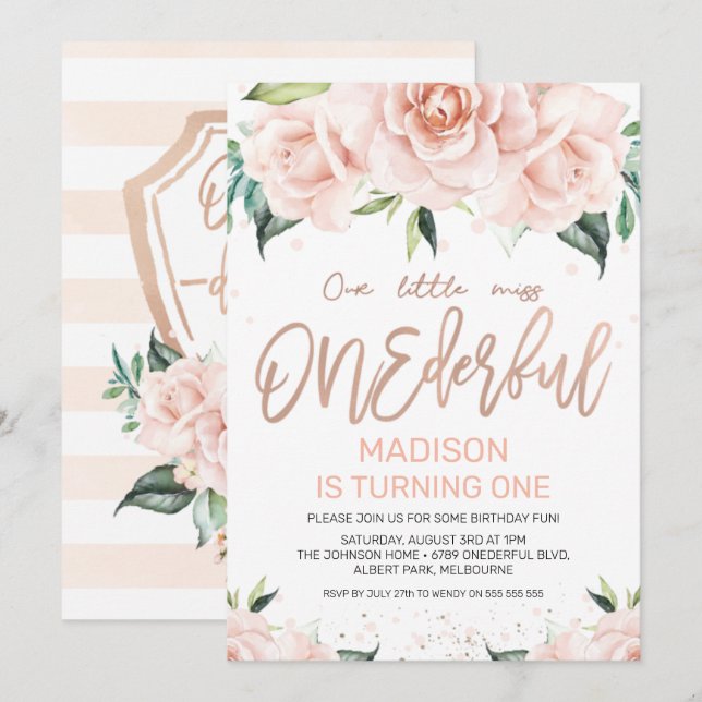 Rose Gold Floral Onederful Birthday Invitation (Front/Back)