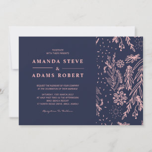Rose Gold Floral Pattern Navy Blue Stylish Wedding Invitation