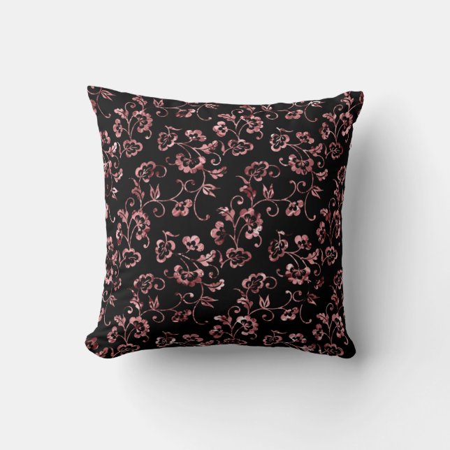 Rose Gold Floral Pattern on Black Cushion (Front)