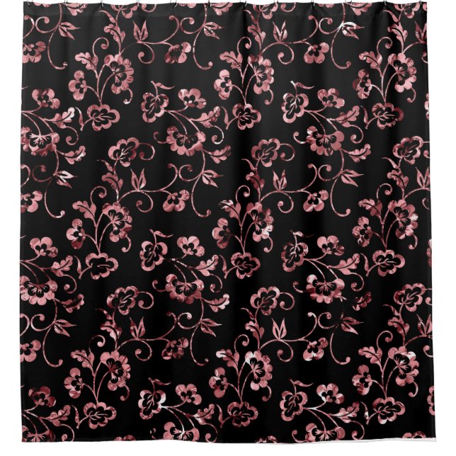 Rose Gold Floral Pattern on Black Shower Curtain (Front)