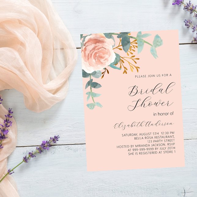 Rose gold floral peach luxury Bridal Shower Invitation (Creator Uploaded)