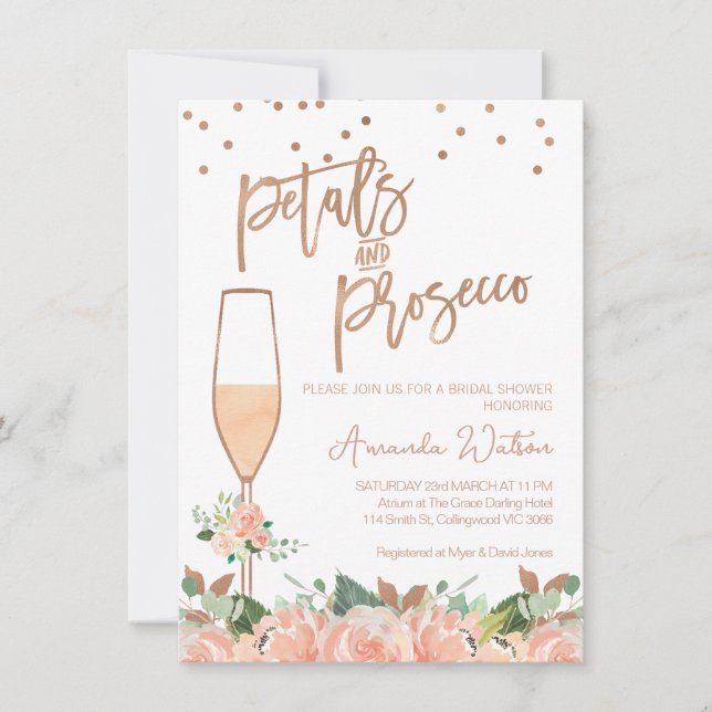 Rose Gold Floral Petals Prosecco Bridal Shower Invitation (Front)