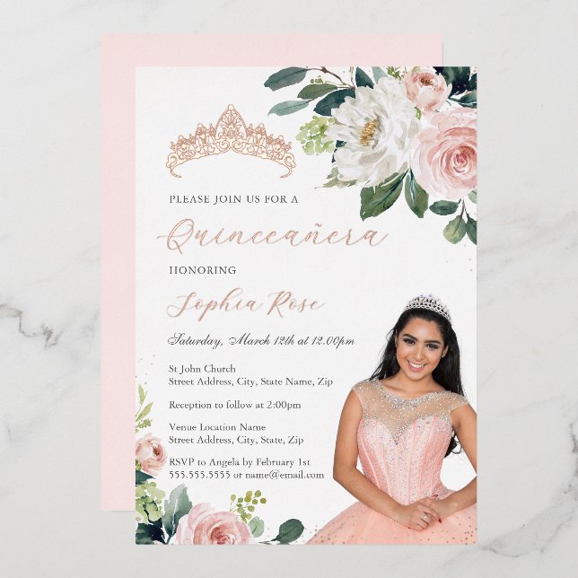 Rose Gold Floral Photo Quinceanera (Front/Back)