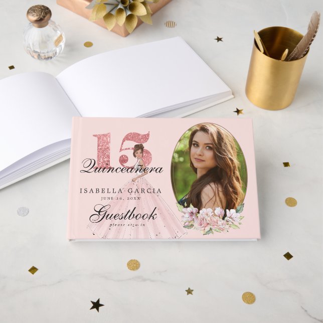 Rose Gold Floral & Photo Quinceañera Personalised Guest Book (Front Open)