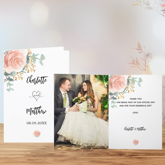 Rose gold floral photo wedding thank you card (Creator Uploaded)