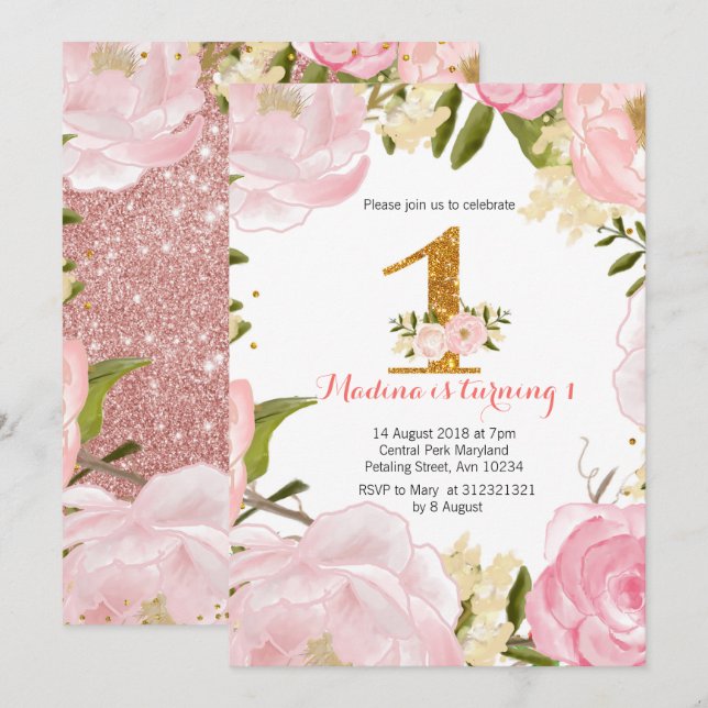 Rose gold floral pink 1st birthday invitations (Front/Back)