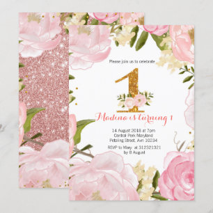 Rose gold floral pink 1st birthday invitations