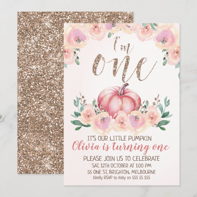Rose Gold Floral Pumpkin 1st Birthday Invitation (Front/Back)