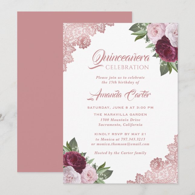 Rose Gold Floral Quinceañera 15th Birthday Invitation (Front/Back)