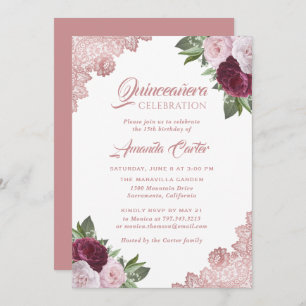 Rose Gold Floral Quinceañera 15th Birthday Invitation