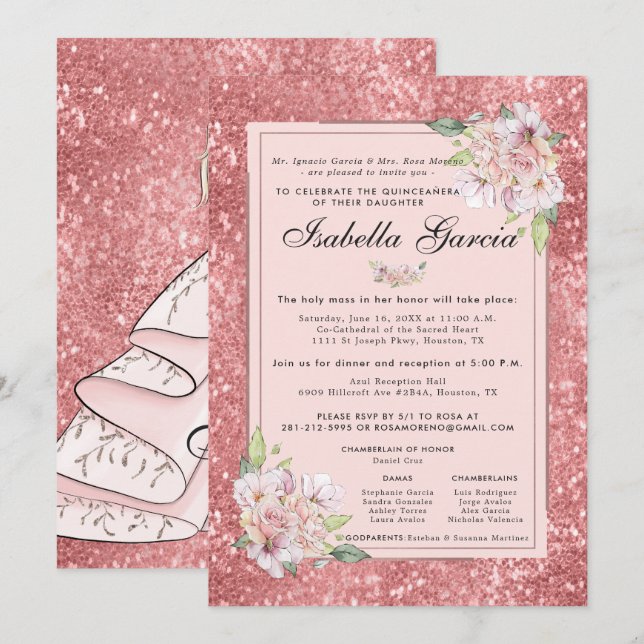Rose Gold Floral Quinceañera Birthday Invitation (Front/Back)