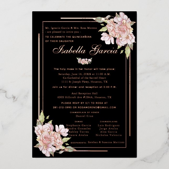 Rose Gold Floral Quinceañera Birthday Invitation (Front)