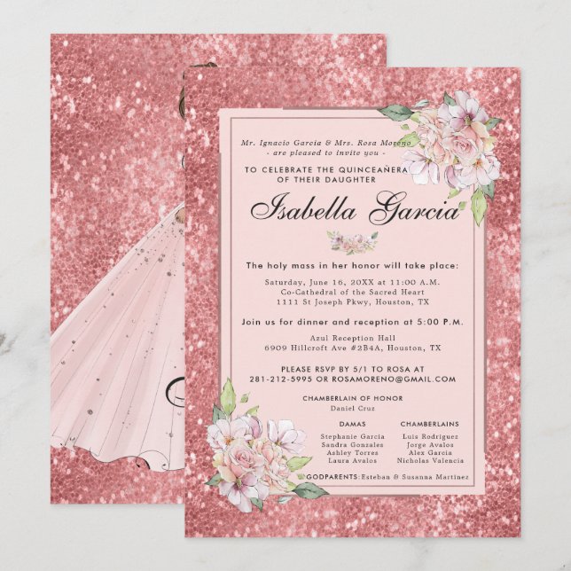 Rose Gold Floral Quinceañera Birthday Invitation (Front/Back)
