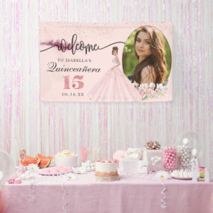 Rose Gold Floral Quinceañera Birthday Welcome Sign