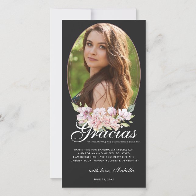 Rose Gold Floral Quinceañera Photo Thank You Card (Front)
