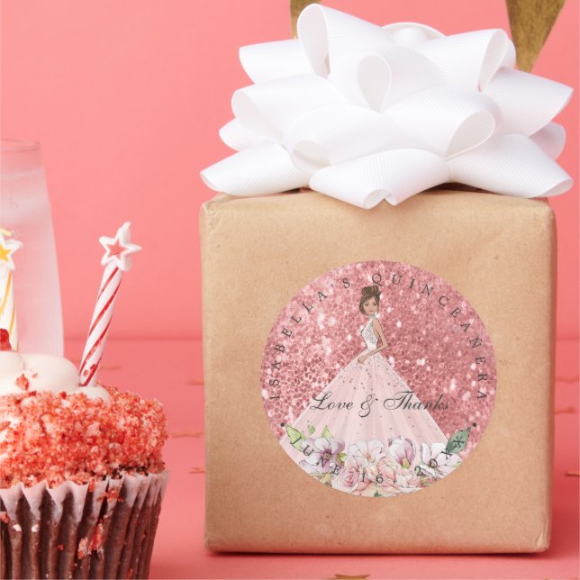 Rose Gold Floral Quinceañera Thank You Favour Classic Round Sticker (Party)