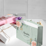 Rose gold floral sage green bridesmaid large gift bag<br><div class="desc">A sage green background.  Decorated with watercolored rose gold roses,  eucalyptus greenery and golden sprigs. 
Personalise and add the name of your bridesmaid.</div>