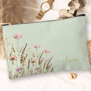Rose Gold Floral Sage Green Gold Name Monogram Accessory Pouch