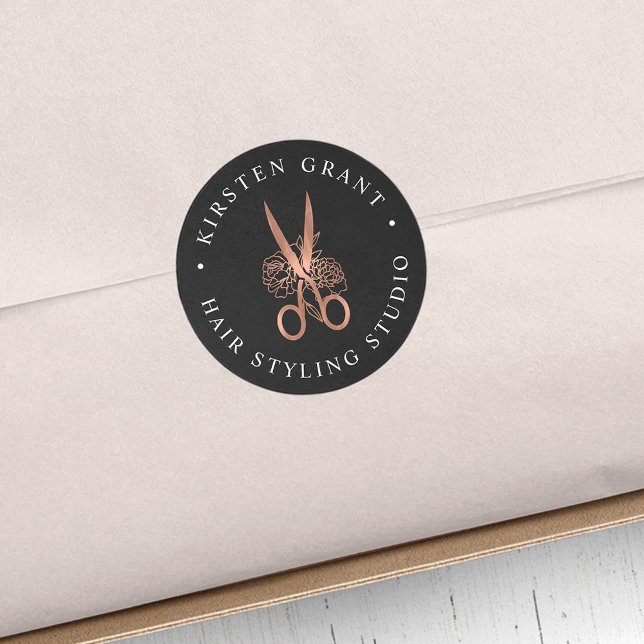 Rose Gold Floral Scissors Logo Classic Round Sticker (Creator Uploaded)