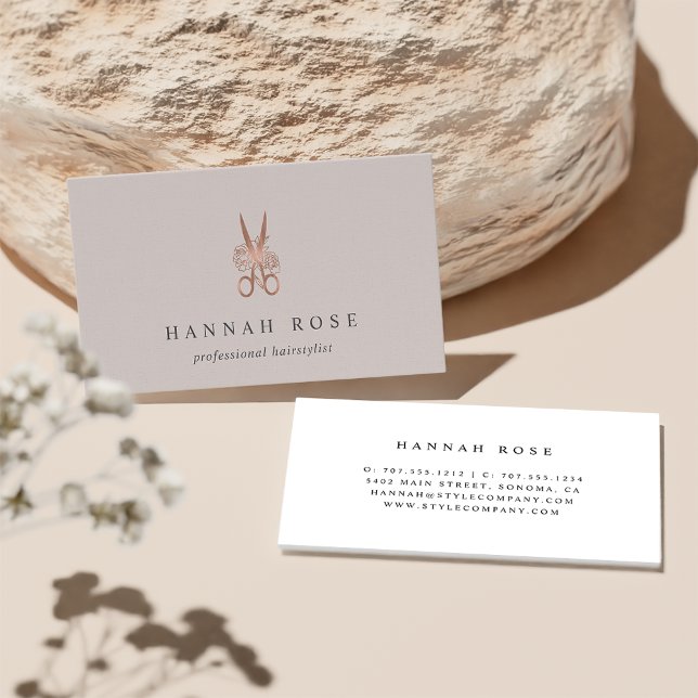 Rose Gold Floral Scissors Logo Hairstylist Business Card (Creator Uploaded)