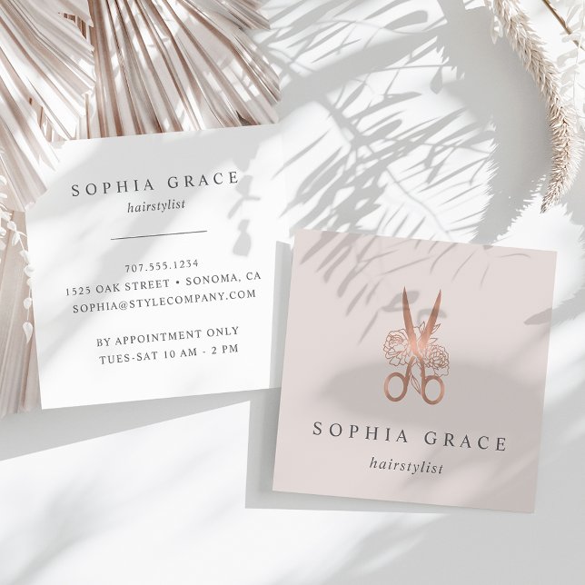 Rose Gold Floral Scissors Logo Hairstylist Square Business Card (Creator Uploaded)