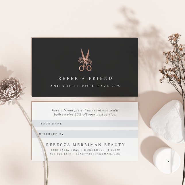 Rose Gold Floral Scissors Logo | Salon Referral Card (Creator Uploaded)