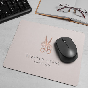 Rose Gold Floral Scissors Salon Logo Mouse Mat