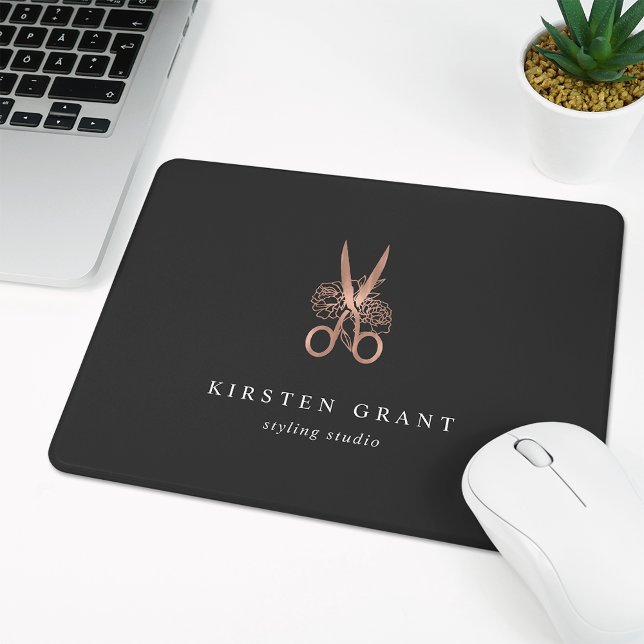 Rose Gold Floral Scissors Salon Logo Mouse Mat (Creator Uploaded)