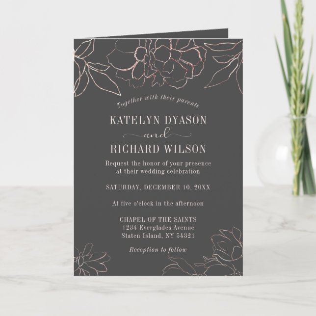 Rose gold floral silhouette Wedding Invitation (Front)