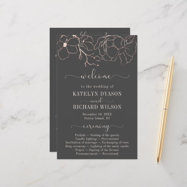 Rose gold floral silhouette Wedding Program (Front/Back In Situ)