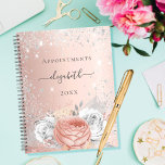Rose gold floral silver glitter foliage name 2025 planner<br><div class="desc">A rose gold background with rose gold amd white florals,  silver foliage and faux glitter dust.  Personalize and add your name,  title and year. The name is written with a modern hand lettered style script.</div>