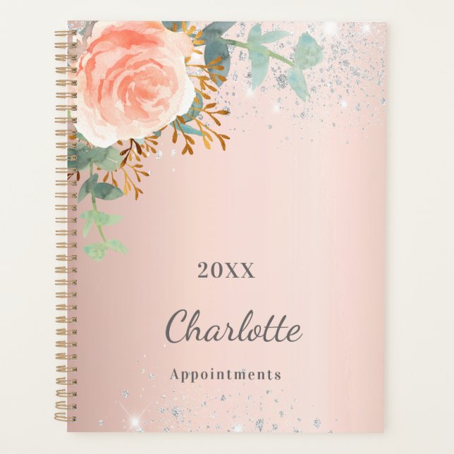 Rose gold floral silver glitter monogram planner (Front)