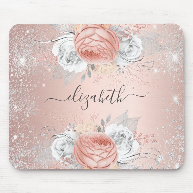 Rose gold floral silver glitter name mouse mat (Front)