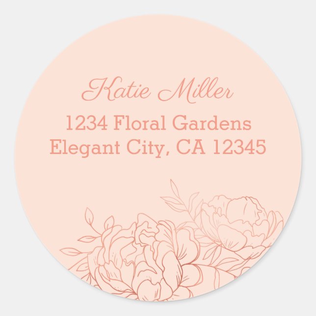 Rose Gold Floral Sketched Line Art Address Classic Round Sticker (Front)