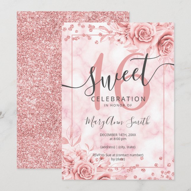 Rose Gold Floral Sweet 16 Birthday Marble Glitter Invitation (Front/Back)