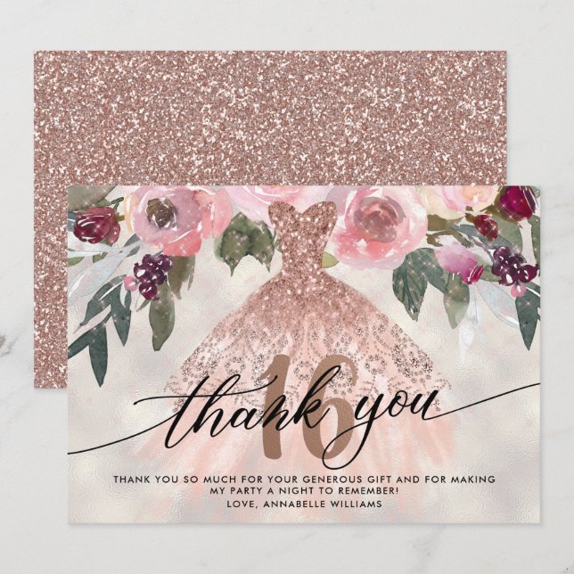 Rose Gold Floral Sweet 16 Thank You Card (Front/Back)
