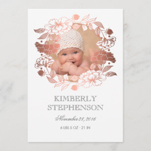 Rose Gold Floral Sweet Newborn Baby Photo Birth Announcement
