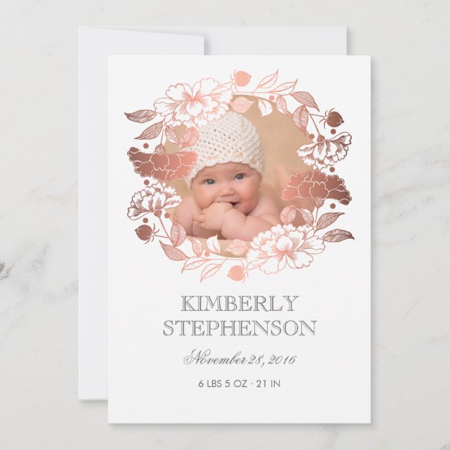 Rose Gold Floral Sweet Newborn Baby Photo Birth Announcement (Front)
