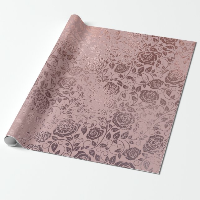 Rose Gold Floral Swirl Pattern on Blush Pink Wrapping Paper (Unrolled)