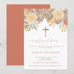 Rose gold floral terracotta green confirmation invitation