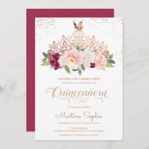 Rose Gold Floral Tiara & Butterfly Quinceanera Invitation