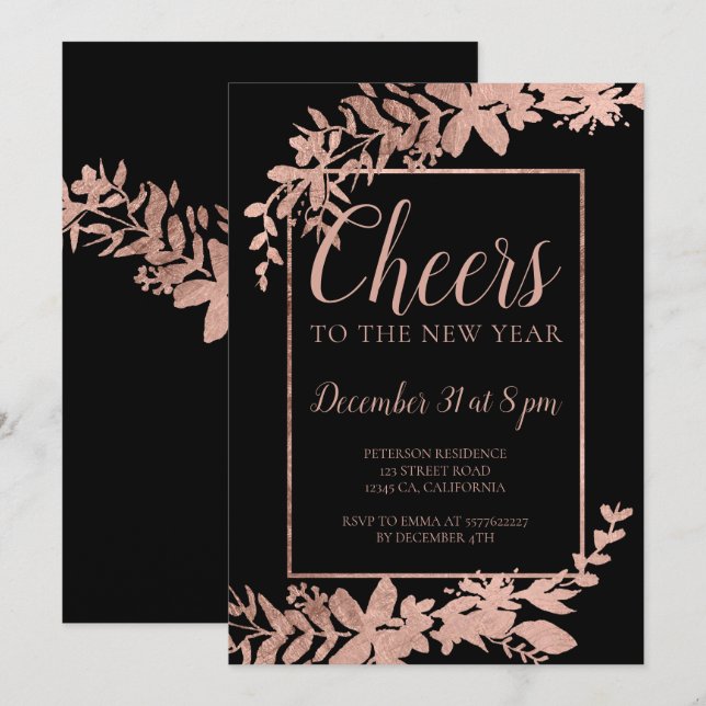 Rose gold floral typography cheers to the New Year Invitation (Front/Back)