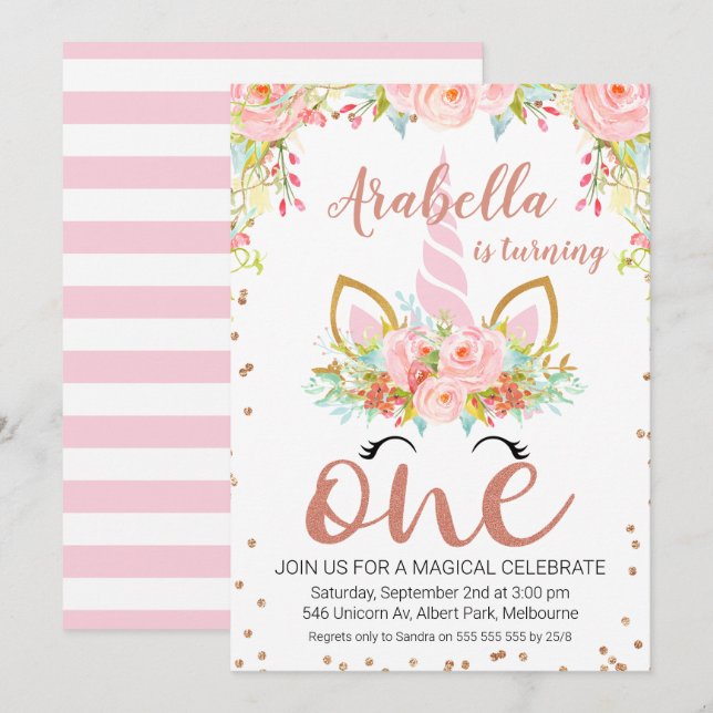 Rose Gold Floral Unicorn 1st Birthday Invitation (Front/Back)