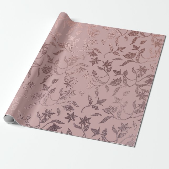 Rose Gold Floral Vine Pattern on Blush Pink Wrapping Paper (Unrolled)