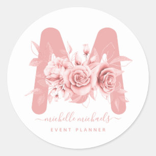 Rose Gold Floral Watercolor Monogram Classic Round Sticker