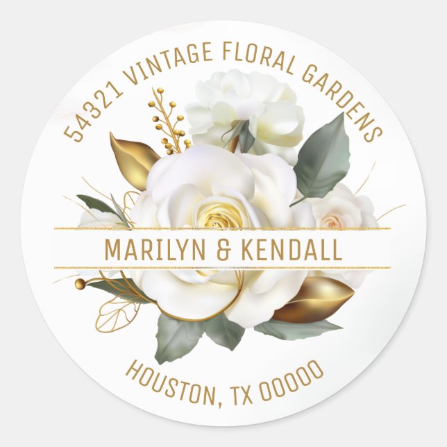 Rose Gold Floral Wedding Address Classic Round Sticker (Front)