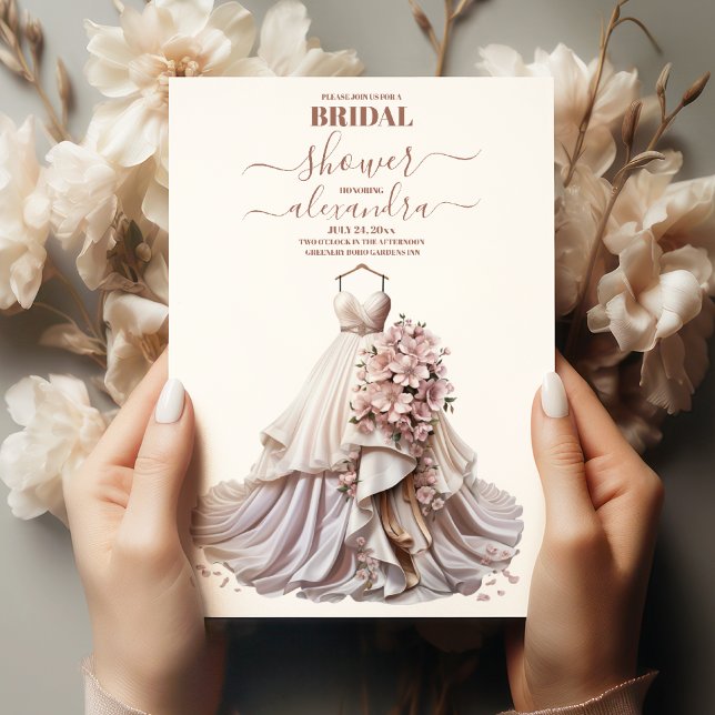 Rose Gold Floral Wedding Dress Bridal Shower Invitation (Creator Uploaded)