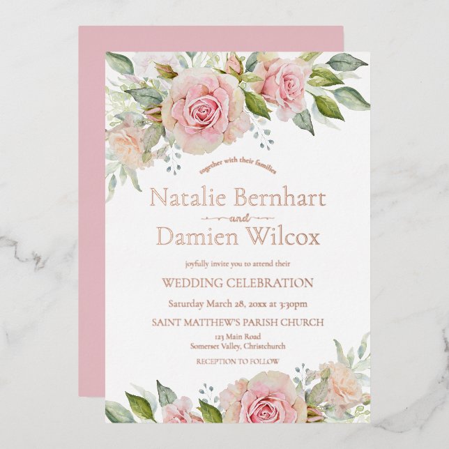 Rose Gold Floral Wedding Foil Invitation (Front/Back)